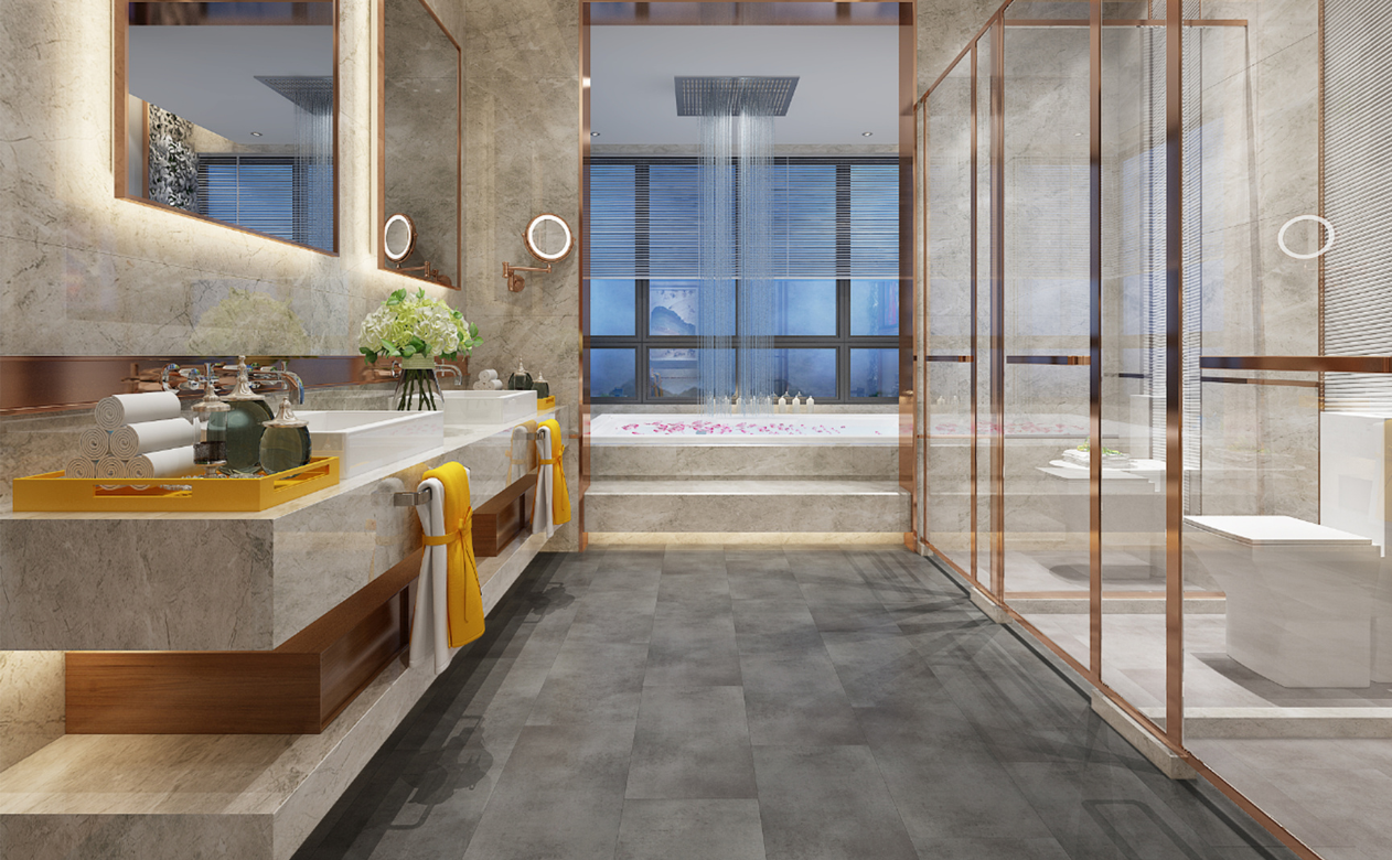 gray tile flooring in a modern upscale bathroom with waterfall shower
