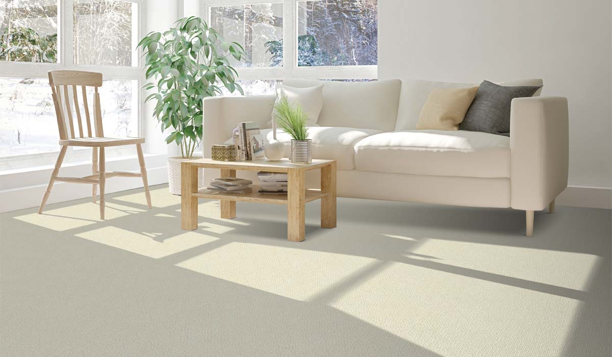 beige carpet in a sitting area with a cream colored couch, coffee table, and chair